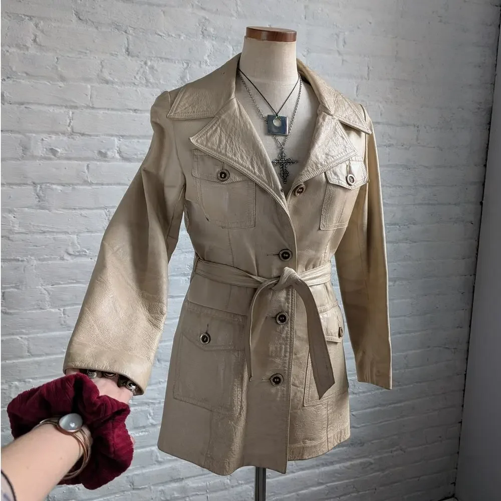 70s Vintage White Genuine Leather Trench Coat Minimalist Boho Moto Biker Jacket - Picture 1 of 8